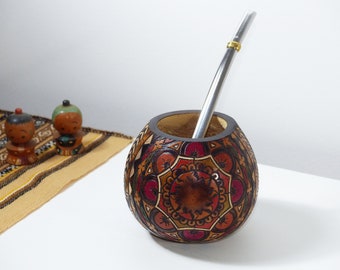 Handcarved Yerba Mate Gourd Mandala Design - Includes 2 Straws Bombillas - Handmade in Argentina