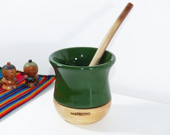 Green Ceramic Yerba Mate Gourd With Wooden Base - Includes 2 Straws Bombillas - Handmade in Argentina