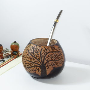 Handcarved Yerba Mate Gourd Tree of Life Design - Includes 2 Straws Bombillas - Handmade in Argentina
