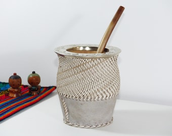 Yerba Mate Gourd Wrapped In Genuine Leather with Alpaca Rim - Includes 2 Straws Bombillas - Handmade in Argentina