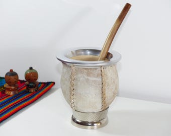 Yerba Mate Gourd Wrapped In Genuine Leather - Includes 2 Straws Bombillas - Handmade in Argentina