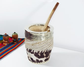 Imperial Leather Wrapped Yerba Mate Gourd With Alpaca Rim - Includes 2 Straws Bombillas - Handmade in Argentina