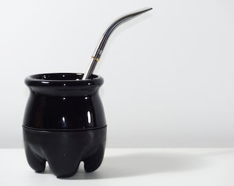 Argenthings Ceramic Yerba Mate Gourd with Silicone Base - Includes 2 Straws Bombillas - Handmade in Argentina