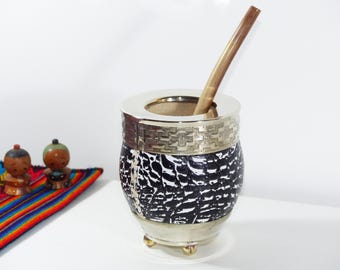 Unique Leather Wrapped Yerba Mate Gourd With Alpaca Rim and Base - Includes 2 Straws Bombillas - Handmade in Argentina
