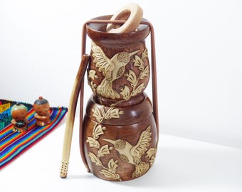 Yerba & Gourd Wooden Set, Hummingbird Design - Includes 2 Straws Bombillas - Handmade in Argentina