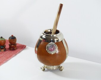 Yerba Mate Gourd Ornamented with Alpaca (German Silver) and Rhodochrosite Gemstone - Includes 2 Straws Bombillas - Handmade in Argentina