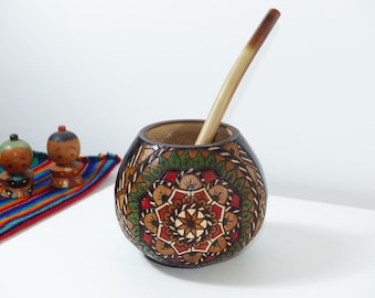 Handcarved Yerba Mate Gourd Unique Design - Includes 2 Straws Bombillas - Handmade in Argentina