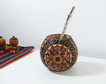 Hand Carved Yerba Mate Gourd Mandala Color Design - Includes 2 Straws Bombillas - Handmade in Argentina