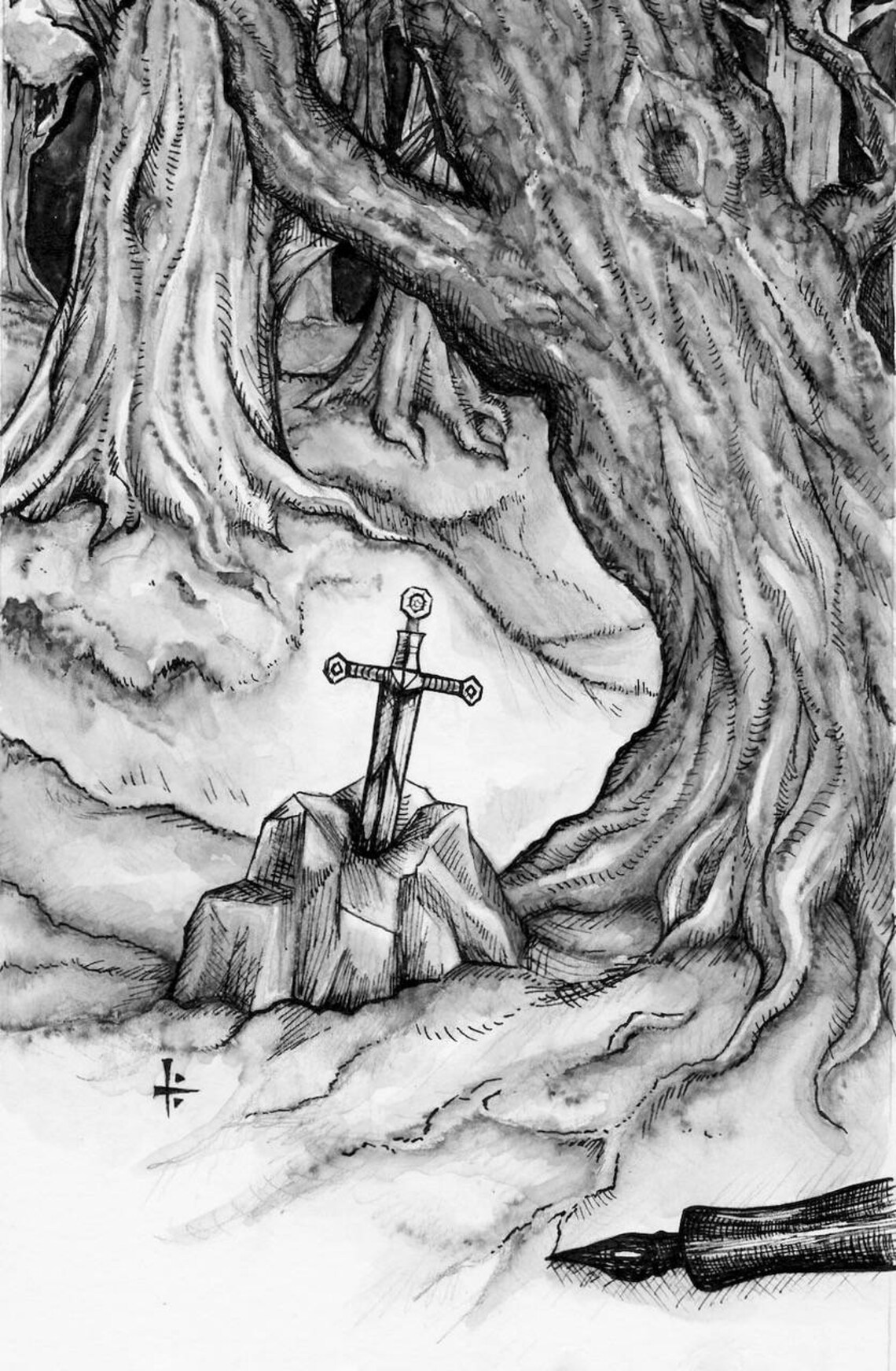 Sword Pen and Ink Drawing Black and White Illustration Art Etsy