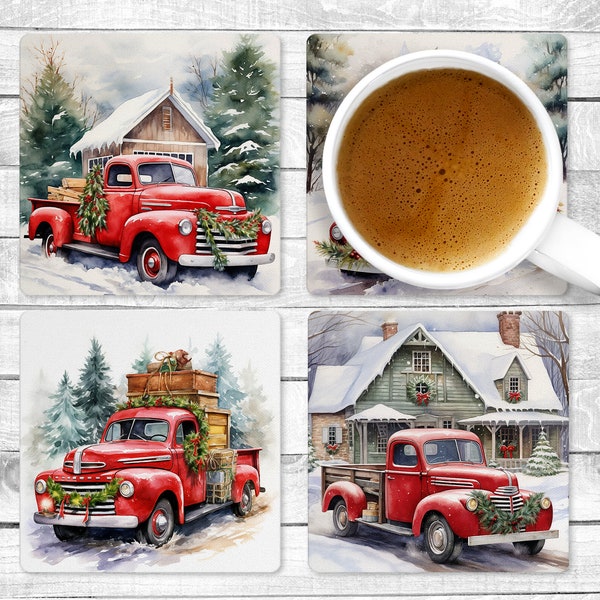 Red Winter Truck, Absorbent Drink Coasters, Individual or set of 4, Non-Slip Base, Neoprene, Winter, Christmas, Gift, Everyday Use