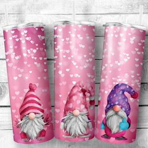 Valentine with hearts and Gnomes, 20oz Skinny Straight Tumbler, Stainless Steel, Travel Cup, Valentine&#39;s Day, Holiday, Gift, Everyday Use