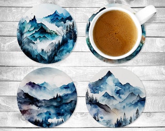 Blue Mountains, Absorbent Drink Coasters, Individual or set of 4, Non-Slip Base, Neoprene, Gift, Everyday Use