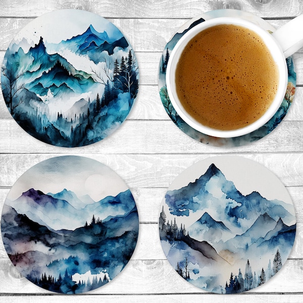 Blue Mountains, Absorbent Drink Coasters, Individual or set of 4, Non-Slip Base, Neoprene, Gift, Everyday Use