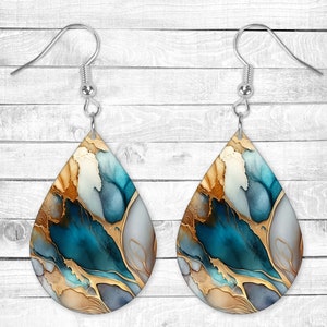 Abstract Teal and Gold, Pierced Earrings, Permanent Design, Silver or Gold Hardware, Gift, Everyday Use