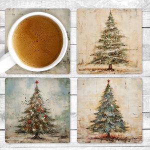 May include: Set of four square coasters featuring a vintage-style painting of a Christmas tree on each coaster. The trees are decorated with ornaments and have a star on top. The coasters are made of a light brown material and have a rustic look.