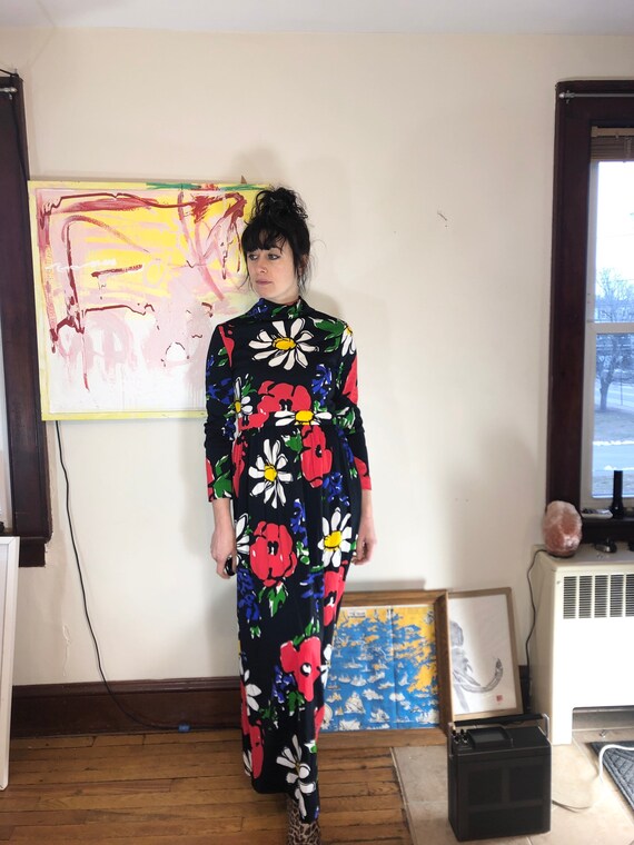 Vintage 1970s Floral Polyester A-Line Maxi Dress