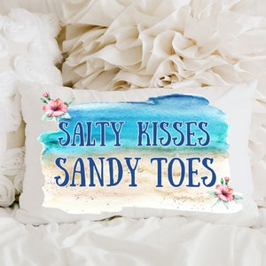 Salty Kisses and Sandy Toes Beach Pillow | Beach House Decor | Colorful Ocean Pillow | Hibiscus Flower Pillow | Romantic Tropical Pillow