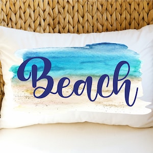 Beach Decor Pillow | Lumbar Pillow | Watercolor Beach Coastal Pillow | Coastal Decor | Nautical Decor | Beach House Pillow