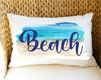 Beach Decor Pillow | Lumbar Pillow | Watercolor Beach Coastal Pillow | Coastal Decor | Nautical Decor | Beach House Pillow