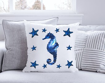 Blue Seahorse and Starfish Galaxy Beach Themed Decor Pillow | Seahorse Pillow | Nautical Decor | Beach House Pillow | Sea Animals Pillow