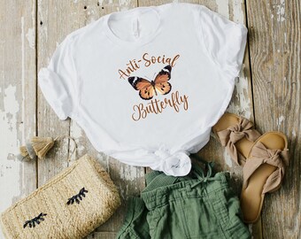 Anti-Social Butterfly Shirt | Butterfly T-shirt for Women | Gift for Her | Introvert Nature Shirt | Cute Butterfly Tee | Nature Shirt