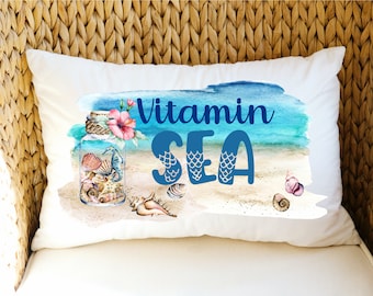Oreiller de plage | Oreiller décoratif de plage aquarelle Vitamin SEA | Décor océan | Oreiller maison de plage | Oreiller de plage mignon | Oreiller de bateau nautique