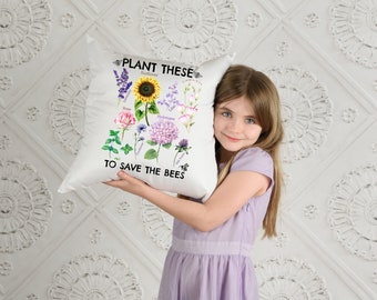 Plant These to Save the Bees Decor Pillow | Cute Bee Pillow | Wildflower Pillow | Sunflower Decor | Floral Bee Decor | Housewarming Gifts
