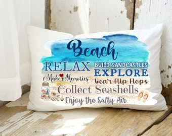 Watercolor Coastal Beach Pillow | Beach House Throw Pillow | Beach Time Favorites | Beach House Lumbar Pillow  | Cute Beach Lovers Gift