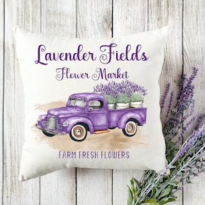 Lavender Fields Farmhouse Pillow | Watercolor Lavender Floral Pillow | Botanical Lavender Art | Lavender Farm Truck Pillow | Farmhouse Decor