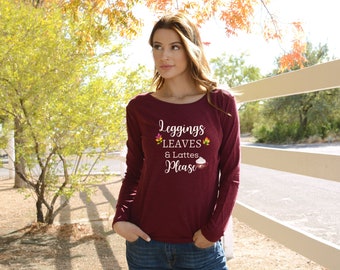 Leggings Leaves and Lattes Please långärmad t-shirt | Söt höstt-shirt | Höstkaffeskjorta för dam | Säsongsskjorta | Glad höstskjorta
