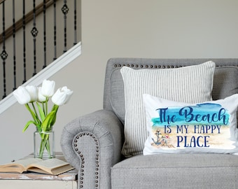 The Beach is My Happy Place, Coastal Decor Pillow | Beach House Throw Pillow | Lumbar Beach Pillow | Nautical Pillow | Coastal Decor