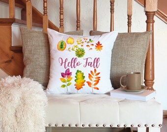 Hello Fall Watercolor Leaves Pillow | Autumn Decor Throw Pillow | Thanksgiving Decor | Housewarming Gift | Fall Accent Pillow