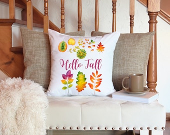 Hola otoño acuarela hojas almohada / decoración de otoño tirar almohada / decoración de Acción de Gracias / regalo de bienvenida / almohada de acento de otoño
