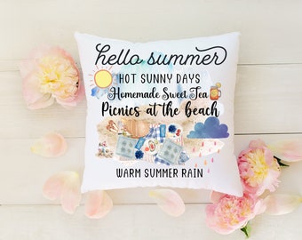 Hello Summer Pillow | Beach House Decor | Cute Summer Pillow | Hello Summer Watercolor Beach Decor Pillow | Summer Pillow | Coastal Pillow