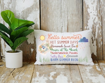 Hello Summer Watercolor Beach Decor Pillow | Cute Beach Pillow | Coastal Pillow | Colorful Beach House Decor | Picnic at the Beach Pillow