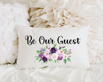 Be Our Guest Watercolor Roses Decor Pillow Cover and Pillow Insert | Botanical Roses Guest room Pillow | Calligraphy Pillow | Lumbar Pillow