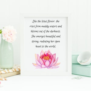 Rosa und gelbe Lotusblume Kunstdruck, Inspiration Zitat für Frauen, Zen Wandkunst, Handgezeichnete Lotus