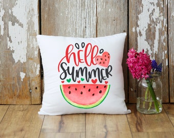 Hello Summer Watermelon Decor Pillow | Summer Decor | Watermelon Birthday Gift | New Home Gift | Cute Summer Pillow | Colorful Home Decor