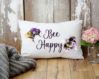 Almohada de abeja botánica feliz de abejas / Decoración del hogar de abejorros / Almohada de abejas florales / Almohada floral feliz de abejorros coloridos / Decoración de primavera