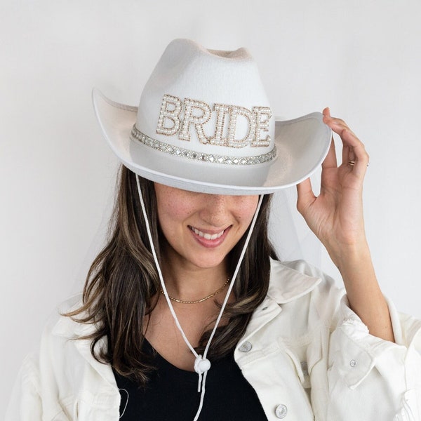 BRIDE Cowgirl Hat w/ Veil | Bride Cowboy Hat | Nashville Bachelorette Hat | Bridal Cowgirl Hat | White Cowgirl Hat | Bachelorette Veil Hat