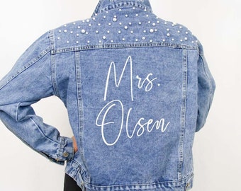 Blue Pearl Jacket, Customized Bride Pearl Jean Jacket, Bride Demin Jacket, Personalized Denim Jean Jacket, Pearl Jacket, Bridal Denim Jacket