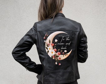 Embroidered To The Moon And Back Leather Jacket, Personalized Leather Jacket Gifts, Bachelorette Leather Jacket, Real Leather Wedding Jacket