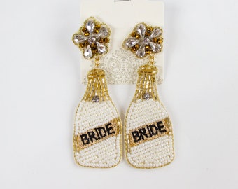 White Bride Champagne Bottle Earrings, Bride Earrings, Beaded Bride Earring, Bride Beaded Earrings, Seed Bead Earrings, Bachelorette Earring