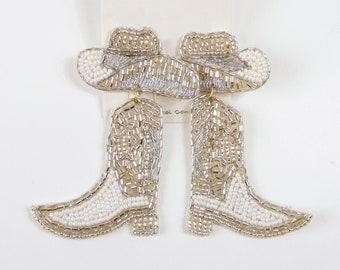 Cowboy Boots Beaded Earrings, Cowboy Hat Seed Bead Earrings, Nashville Bachelorette Earrings, Wedding Earrings, Beaded Bride Earrings Gifts