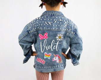 Blue Pearl Jacket With Custom Name, Custom Name Pearl Jean Jacket, Denim Jacket Gifts for Kids Gifts, Personalized Kid's Denim Jacket Gifts