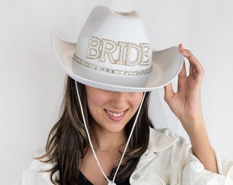 BRIDE Cowgirl Hat w/ Veil | Bride Cowboy Hat | Nashville Bachelorette Hat | Bridal Cowgirl Hat | White Cowgirl Hat | Bachelorette Veil Hat