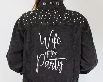 Black Pearl Wife of the Party Black Denim Jacket, The Party Black Denim Jacket, Bride Denim Jacket, Bridal Denim Jacket, Bachelorette Jacket