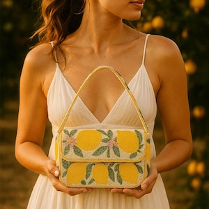 Lemon Purse, Beaded Shoulder Bag, Italian Themed Handbag, Amalfi Coast Bag, Beaded Crossbody Clutch Purses, Summer Handbag, Lemon Print Bags