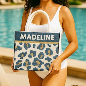 Custom Cheetah Print Tote Bag, Custom Name Beaded Tote Bag Gifts, Personalized Beaded Tote Bags, Cheetah Print Beaded Tote Bags, Beach Totes