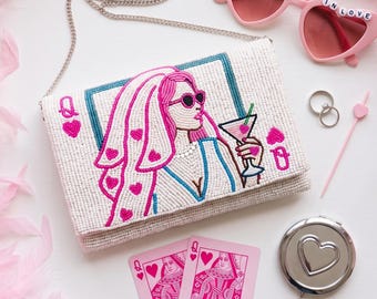 Queen Of Hearts Bride Clutch, Bride Beaded Clutches, Bachelorette Party Purse, Bridal Shower Clutch, Wedding Weekend Bag, Vegas Purse (HHFC)